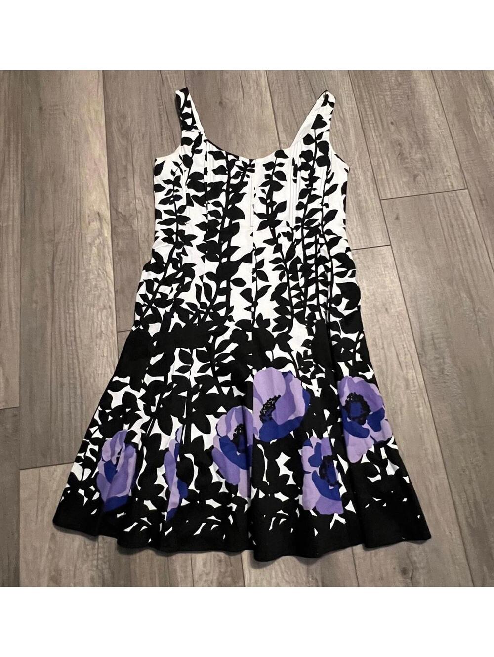 Vintage Nine West Black White & Purple Floral A-Line Sundress Tank Dress Size 12